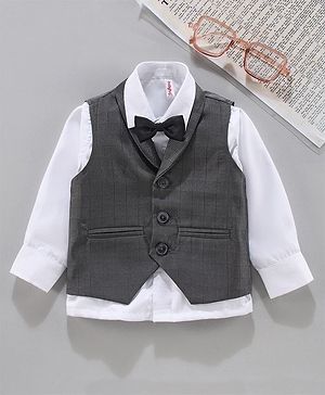 Babyhug Full Sleeves Checked Party Shirt with Bow and Waistcoat - White Grey