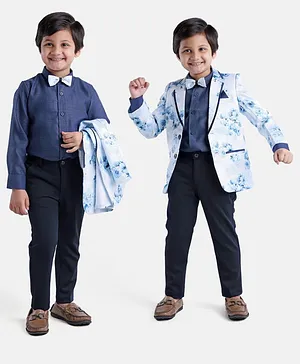 Babyhug Full Sleeves Digital Print Party Suit with Bow and Blazer - Blue Navy