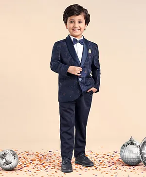 Babyhug Full Sleeves Brocade Party Suit with Bow and Blazer - Navy White