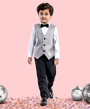 Babyhug Full Sleeves Party Suit With Waistcoat & Bow- Grey Black