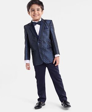 Babyhug Full Sleeves Solid Party Suit with Bow and Blazer - White Blue