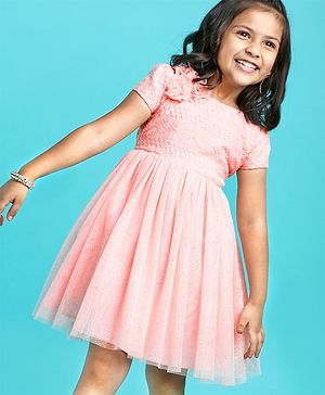 Babyhug Short Sleeves Embroidered Fit and Flare Party Frock with Corsage - Pink