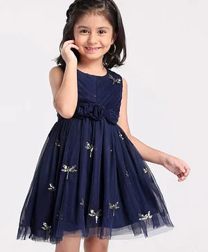 Babyhug Sleeveless Party Wear Frock Sequinned Dragonfly Embroidery - Navy Blue