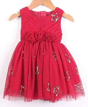 Babyhug Sleeveless Sequined Star and Flower Applique Party Wear Frock - Cherry Red