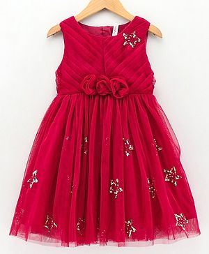 Babyhug Sleeveless Sequined Star and Flower Applique Party Wear Frock - Cherry Red