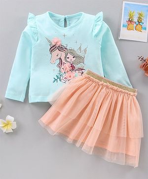 Babyhug Full Sleeves Top & Skirt Glitter Unicorn Print & Floral & Sequin Applique - Blue Pink