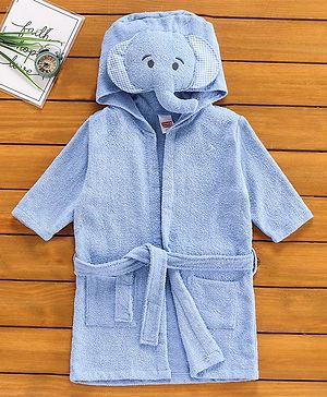 Babyhug Three Fourth Sleeves Elephant Woven Terry Bath Robe - Blue