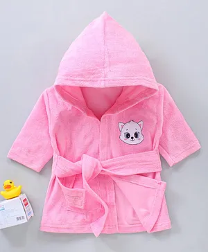 Babyhug Three Fourth Sleeves Hooded Bath Robe Cat Embroidery - Pink