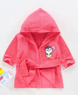 Babyhug Three Fourth Sleeves Hooded Bath Robe Penguin Embroidery - Pink