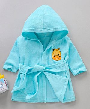Babyhug Three Fourth Sleeves Hooded Bath Robe Rhino Embroidery - Blue