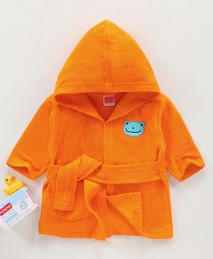 Babyhug Three Fourth Sleeves Hooded Bath Robe Frog Face Embroidery - Orange