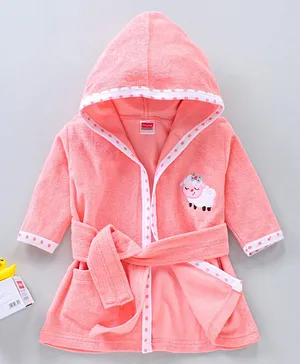 Babyhug Three Fourth Sleeves Hooded Bath Robe Sheep Embroidery - Pink
