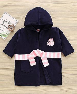 Babyhug Three Fourth Sleeve Bathrobe With Hood And Embroidery - Blue