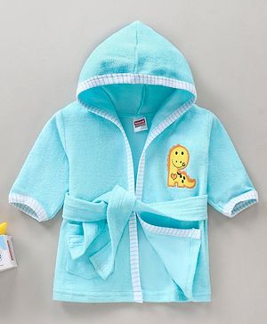 Babyhug Three Fourth Sleeves Hooded Bath Robe Dragon Embroidery - Blue