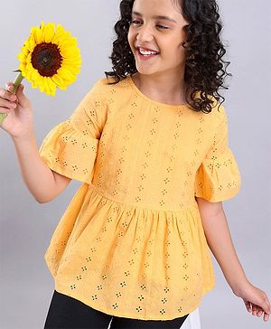 Pine Kids Three Fourth Sleeves Schiffli Embroidered Top - Orange