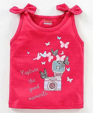 Babyhug Sleeveless Top with Graphics & Bow Detailing - Fuchsia Pink