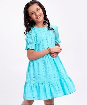 Pine Kids Half Sleeve Schiffli Frock Inner Cotton Lining - Blue