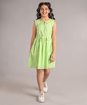 Pine Kids Cotton Sleeveless Solid Knee Length Frock - Green