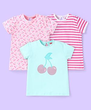 Babyhug Short Sleeves Cotton Striped and Cherry Graphics Top Pack of 3 - Pink Green