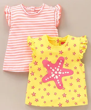 Babyhug Short Sleeves Cotton Striped and Star Graphics Top Pack of 2 - Yellow Peach