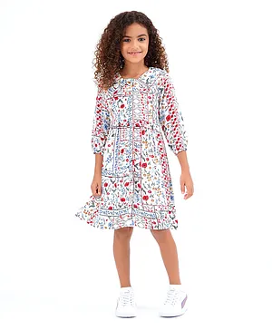 Primo Gino 3/4th Sleeves Knee Length Frock Printed- White