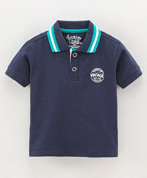 GRO Half Sleeves Polo T-Shirt Text Print - Navy
