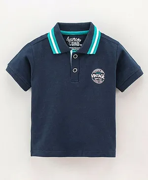 GRO Half Sleeves Polo T-Shirt Text Print - Blue