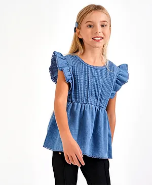 Primo Gino Frill Sleeves Cotton Top Solid- Blue