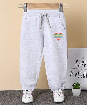 Babyhug Full Length Ribbed Waist Lounge Pant Heart Print - Grey
