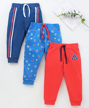 Babyhug Full Length Knit Lounge Pants Printed and Solid Pack Of 3 - Blue Red