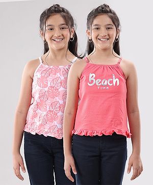Pine Kids Singlet Sleeves Bio Washed Top Palm Leaves & Text Print Pack of 2 - Coral White