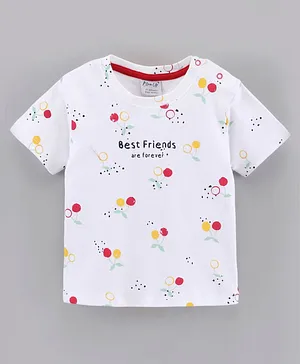 Bloom Up Half Sleeves Cotton T-Shirt Cherry And Best Friends Text Print - White
