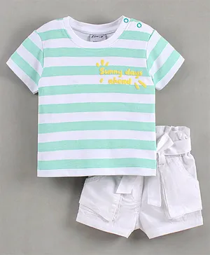 Bloom Up Half Sleeves Striped T Shirt With Shorts - Green White