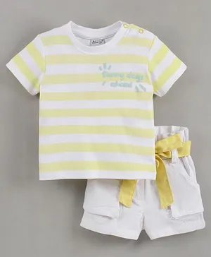 Bloom Up Half Sleeves Striped T Shirt with Shorts - Yellow