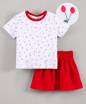 Bloom Up Half Sleeves Top & Skirt Set Cherry Print - Red White