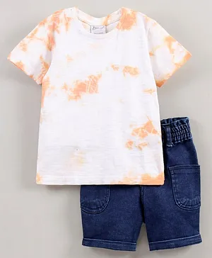 Bloom Up Half Sleeves Printed T-Shirt & Shorts - Peach Blue