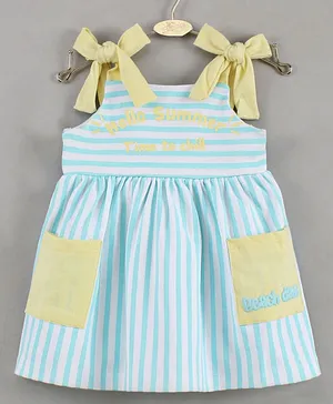 Bloom Up Singlet Sleeves Frocks Striped & Text Print - Blue