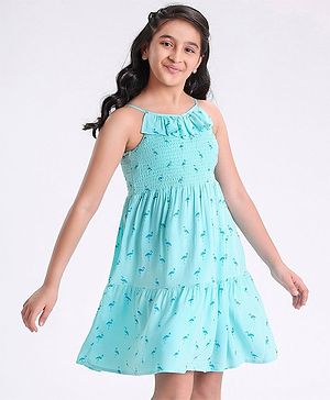 Pine Kids Rayon Woven Sleeveless Frock Dress Flamingo Print - Turquoise Blue