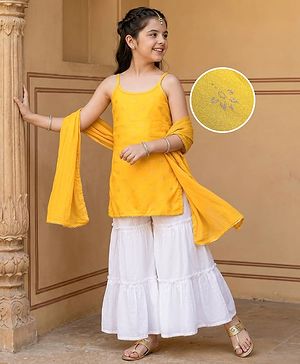 Pine Kids Singlet Sleeves Printed Kurta with Sharara and Bordered Dupatta - Yellow