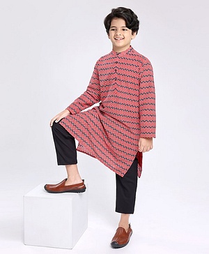 Pine Kids Full Sleeves Chevron Printed Kurta Pyjama Set - Red