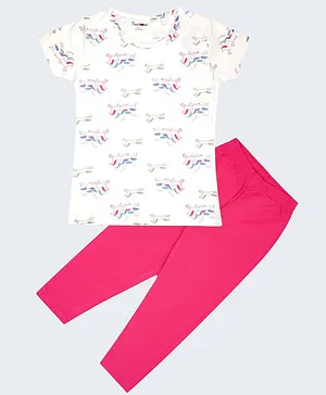 Taatoom Short Sleeves Unicorn Print Night Suit - White Pink