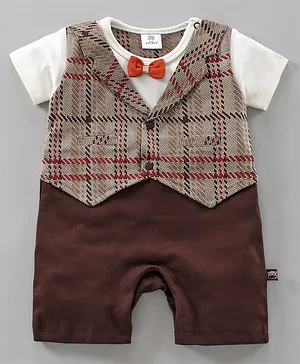 Mini Taurus Half Sleeves Checks Party Romper with Bow and Faux Waistcoat - Brown