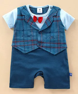 Mini Taurus Half Sleeves Checks Party Romper with Bow and Faux Waistcoat - Blue