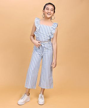 Pine Kids Frilled Sleeves Striped Top And Pant Set - Blue White