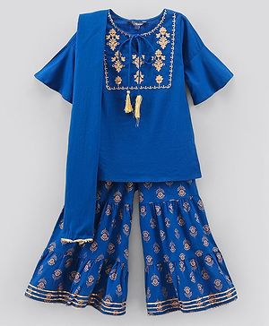 Pine Kids Kurti & Sharara Set with Dupatta Printed- Blue