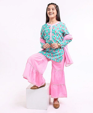 Pine Kids Full Sleeves Cotton Kurti & Palazzo With Dupatta Sequin Detailing With Ethnic Prints - Green Pink