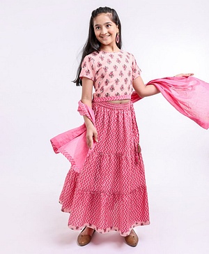 Pine Kids Half Sleeves Choli & Lehenga Set With Dupatta Printed - Pink