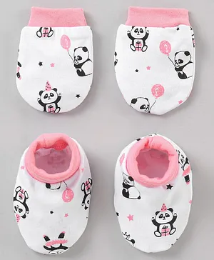 Babyhug 100% Cotton Panda Print Mittens & Booties Set  - White & Pink