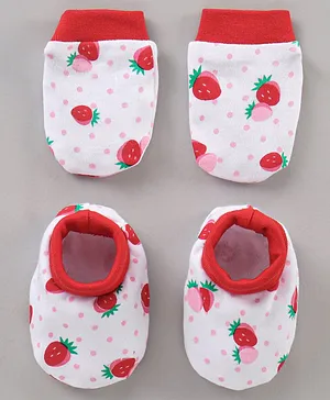 Babyhug 100% Cotton Mittens & Booties Set Strawberry Print - Red