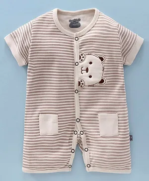 Mini Taurus 100%Cotton Half Sleeves Stripe Romper Bear Embroidery - White Brown